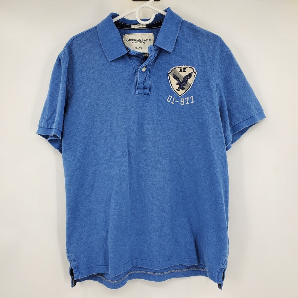 American Eagle Mens Blue Athletic Fit Eagle Patch‎ Polo Shirt XL Y2K Prep Grunge